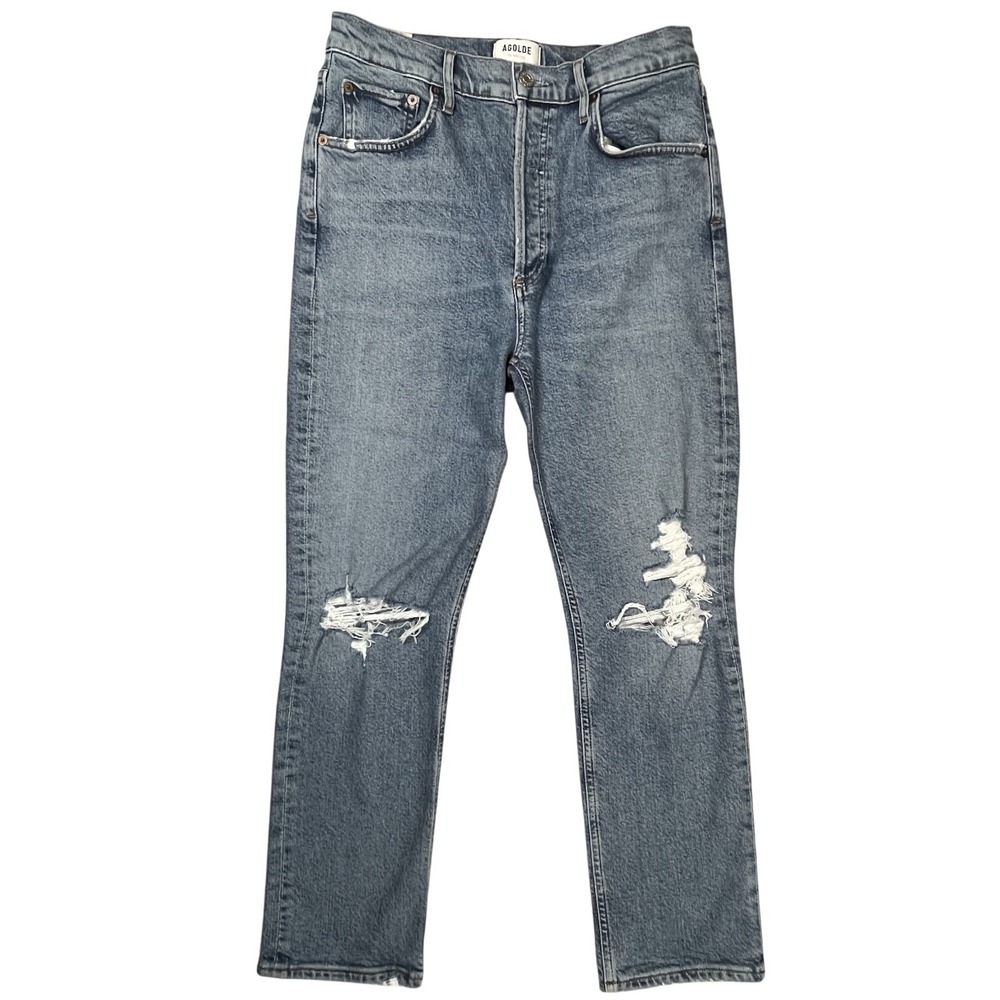 Agolde Women's Riley Button Fly Distressed Blue Jeans Sz 28 Straight Leg Crop
